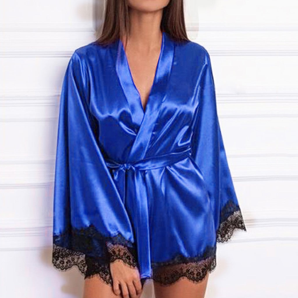 Women Silk Satin Robe Woman Lace Kimono