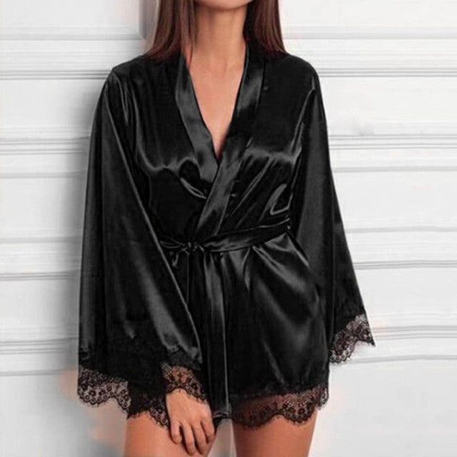 Women Silk Satin Robe Woman Lace Kimono