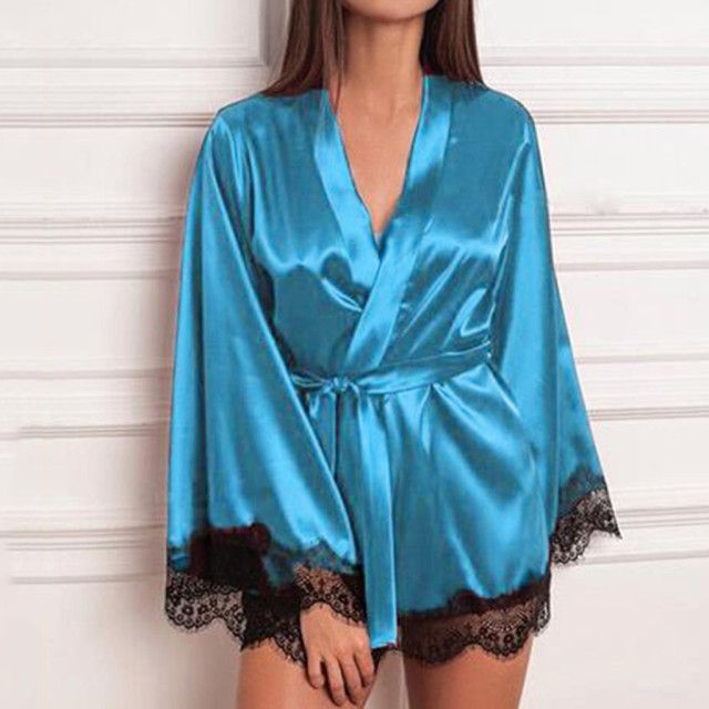 Women Silk Satin Robe Woman Lace Kimono