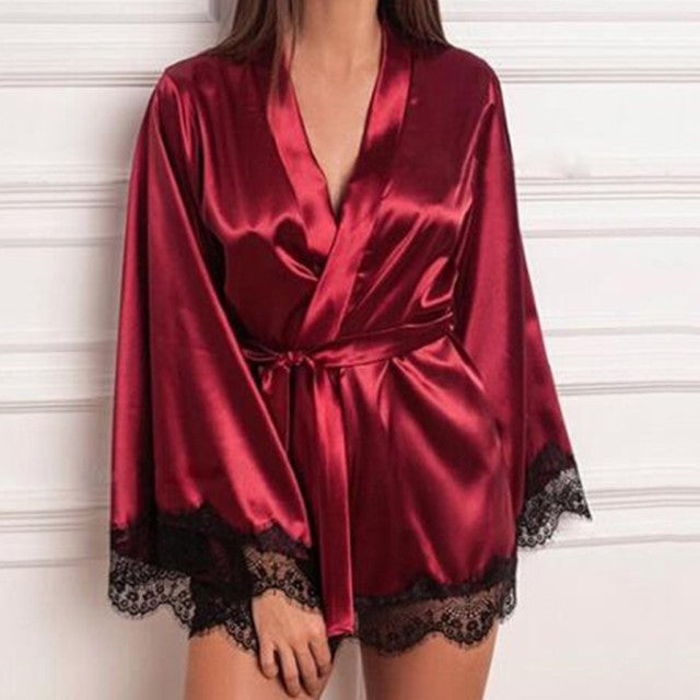 Women Silk Satin Robe Woman Lace Kimono