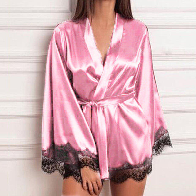 Women Silk Satin Robe Woman Lace Kimono