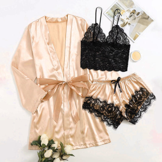 Women Silk Robe Set 3 Pieces Pajamas