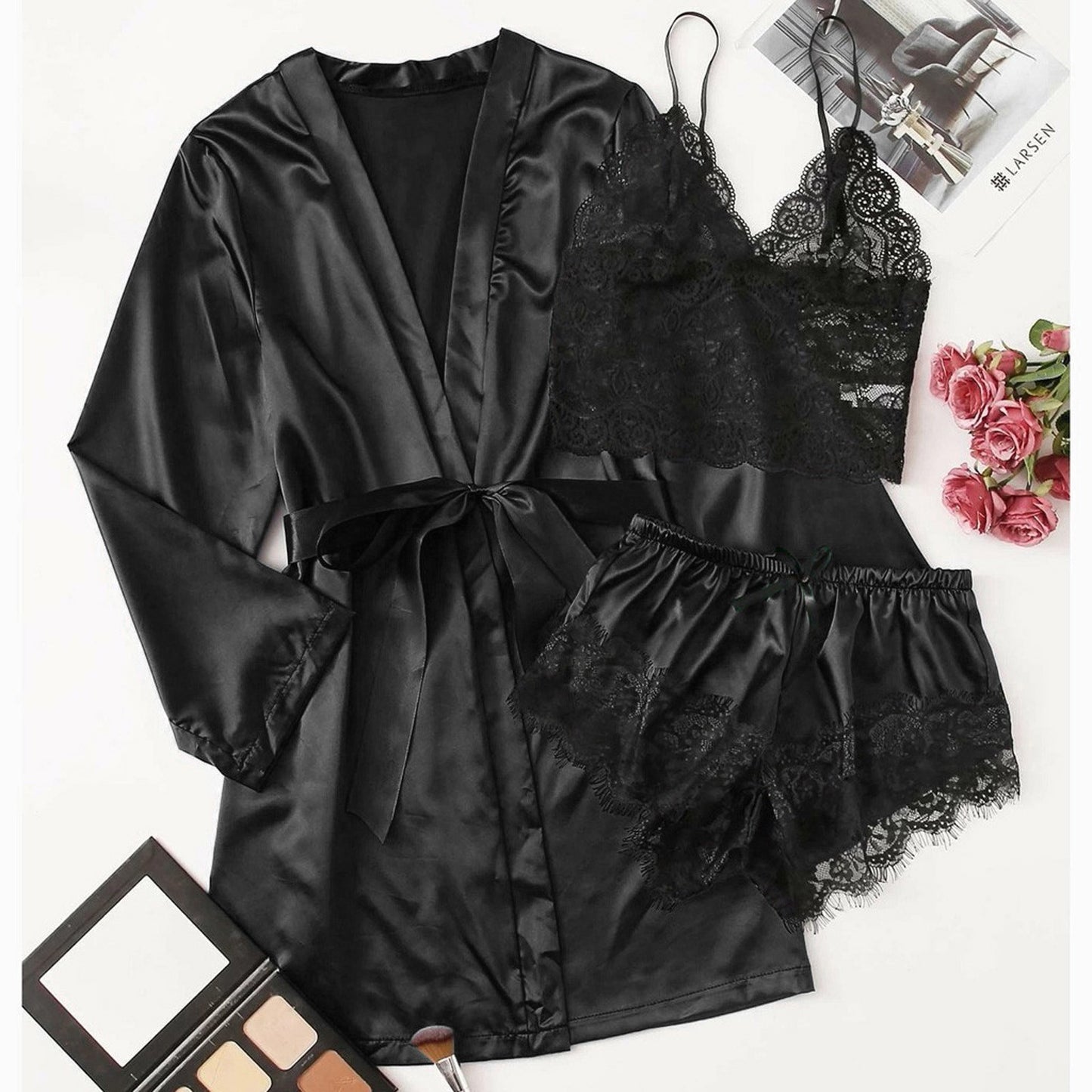 Women Silk Robe Set 3 Pieces Pajamas