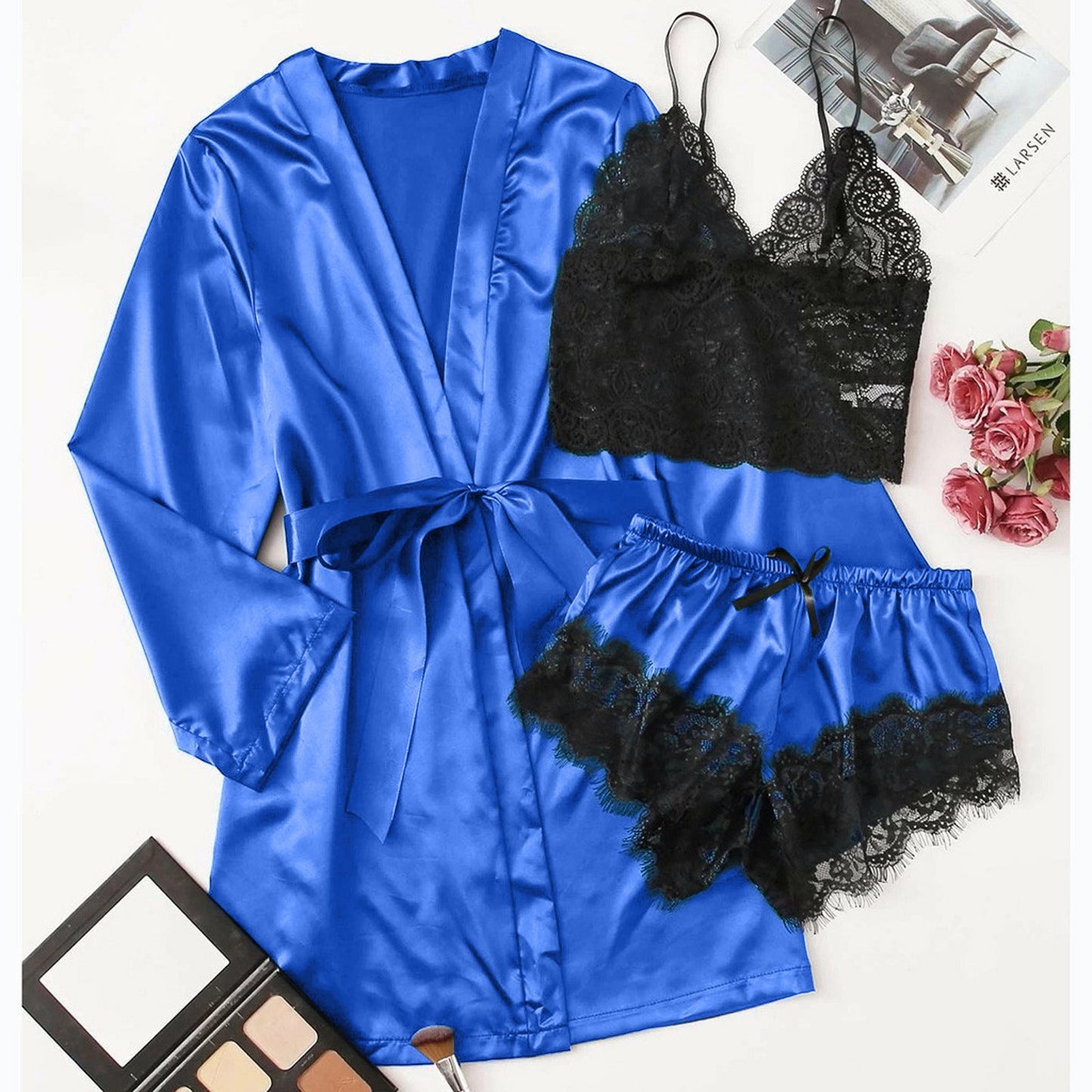 Women Silk Robe Set 3 Pieces Pajamas