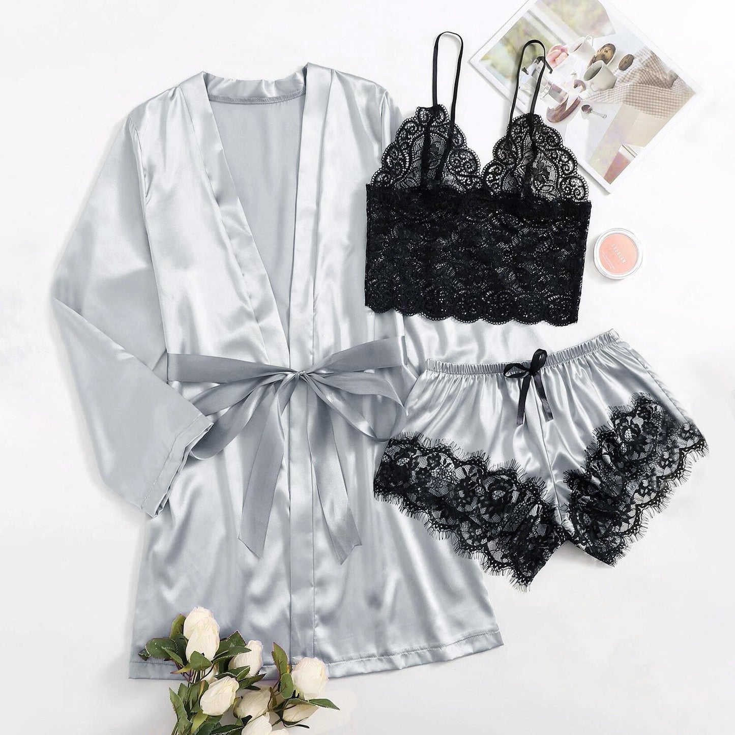 Women Silk Robe Set 3 Pieces Pajamas