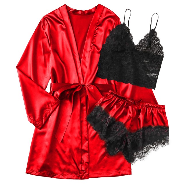 Women Silk Robe Set 3 Pieces Pajamas