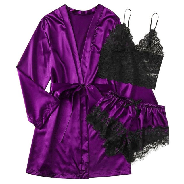 Women Silk Robe Set 3 Pieces Pajamas