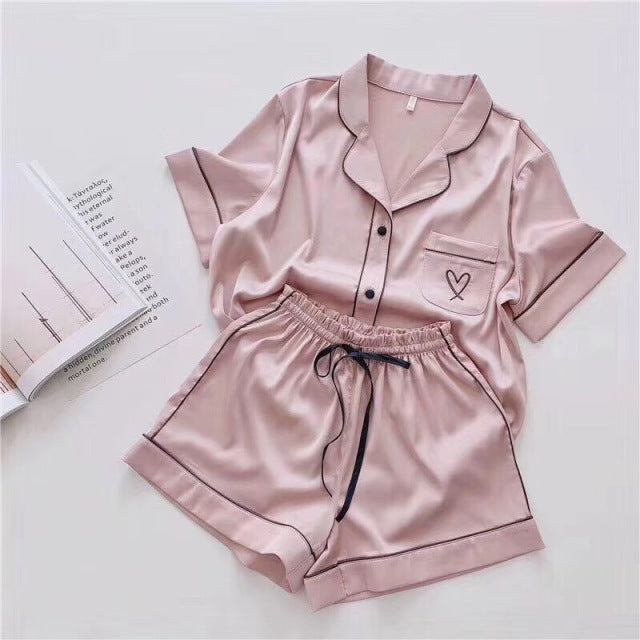 Silk Pajamas for Women Home Suit Heart Embroidered Pyjamas Pj Set Satin Nightwear Sleepwear 2020 Pijama Verano Mujer