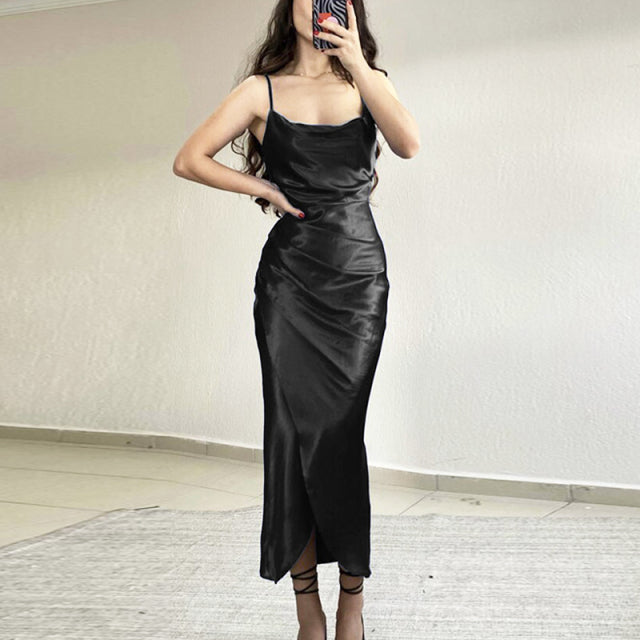 Tight Satin Long Dress Backless Bodycon